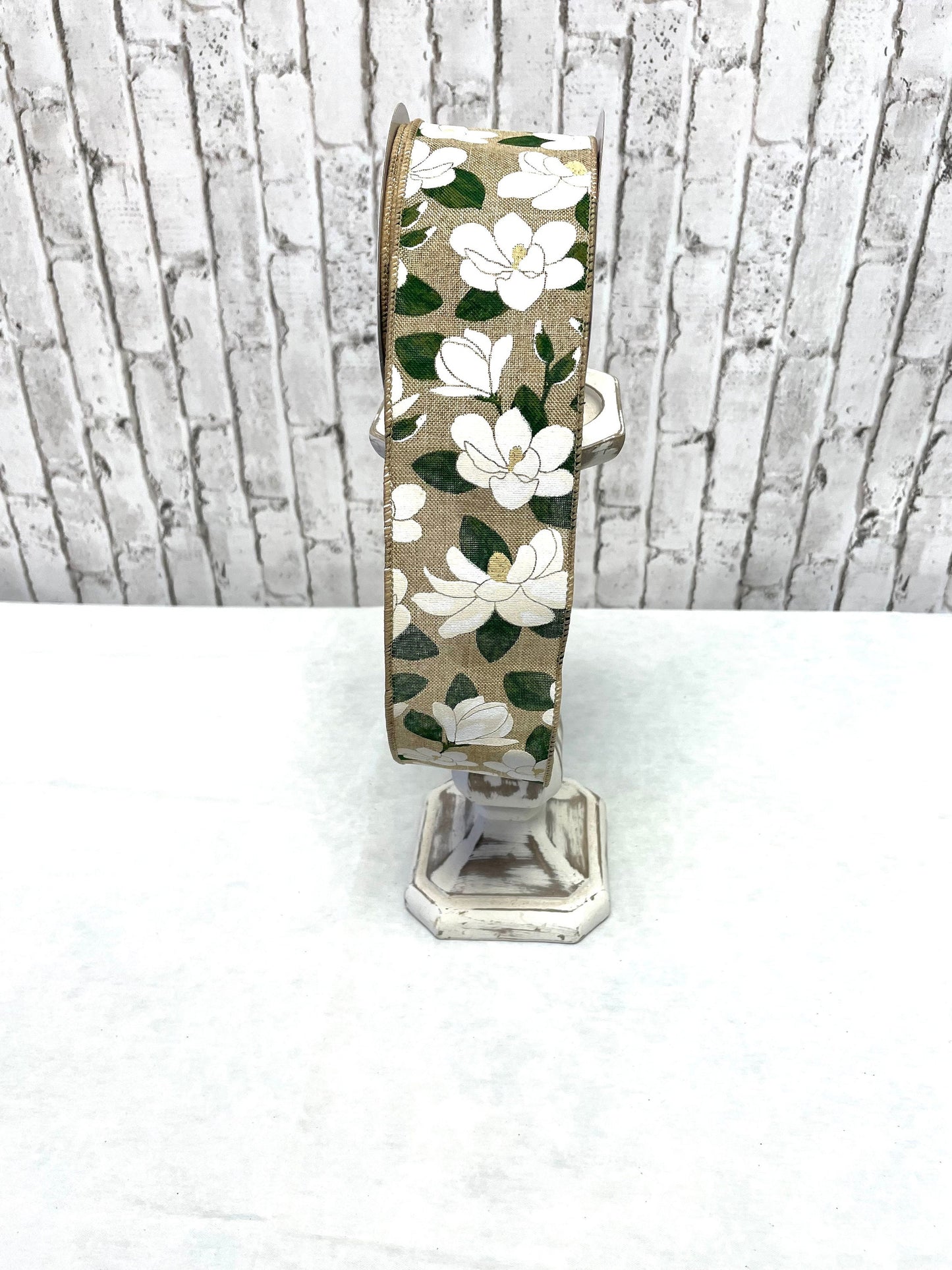 Magnolia on royal burlap, RGA132001, spring ribbon, everyday ribbon, summer ribbon, magnolia ribbon