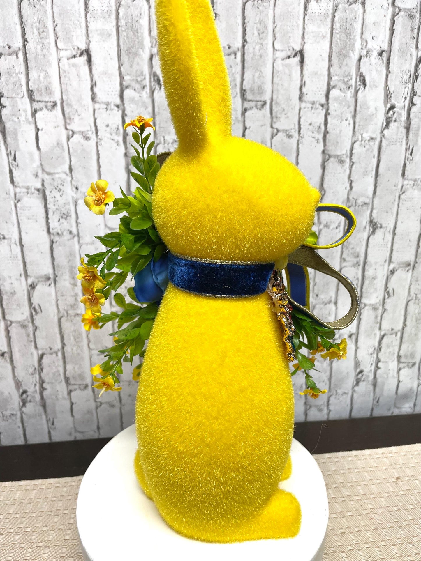 flocked bunny with flowers and gems, Easter decor, Easter bunny decor, glam bunny decor, 16 inch bunny decor, yellow bunny decor, gift