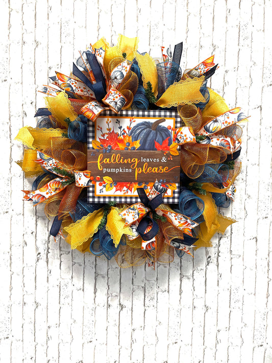 Fall wreath, blue fall wreath, fall mesh wreath, housewarming gift, birthday gift, blue pumpkin wreath, shipping included in price.