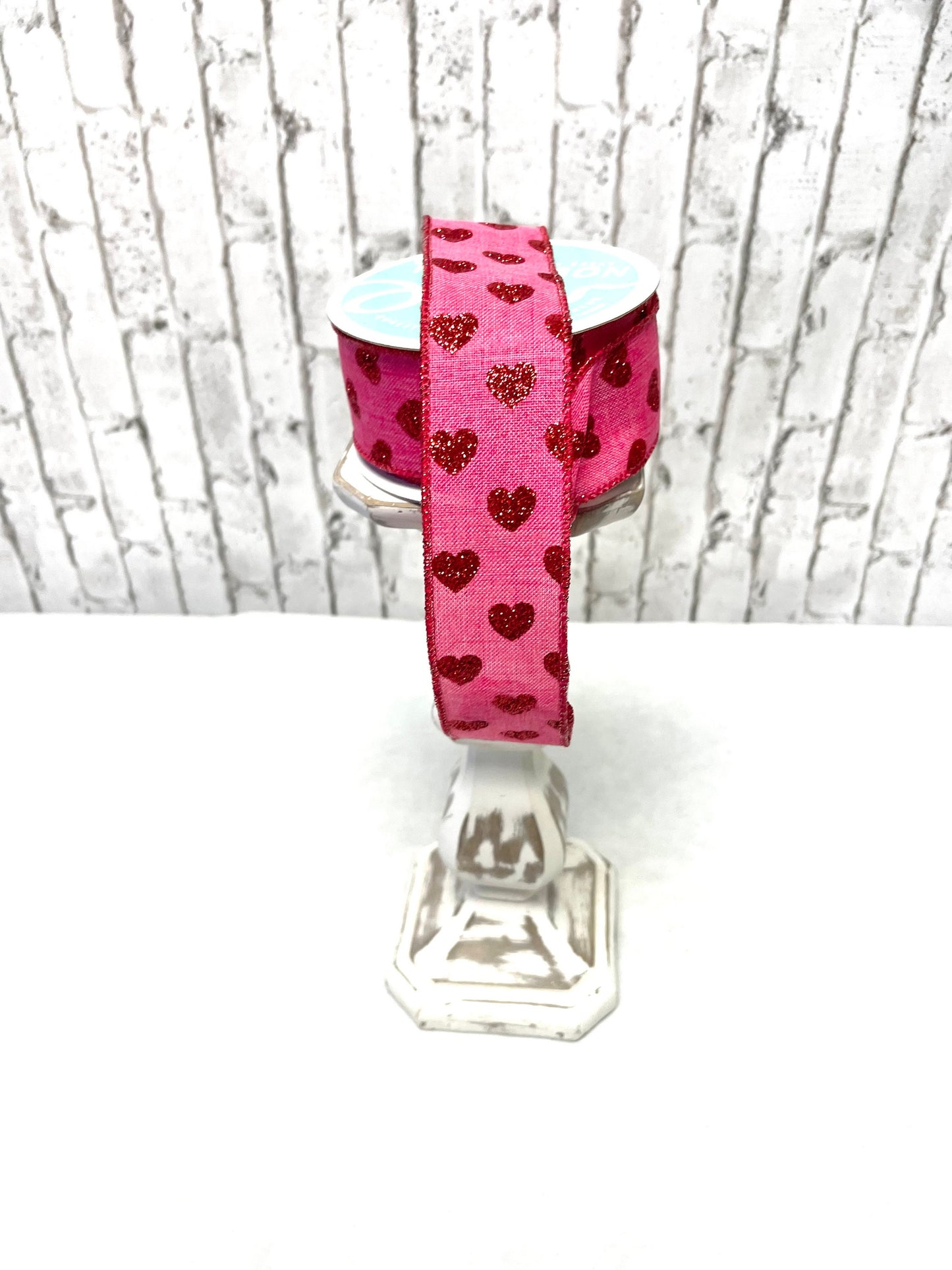 RGA173711, hot pink royal burlap ribbon with red glitter hearts