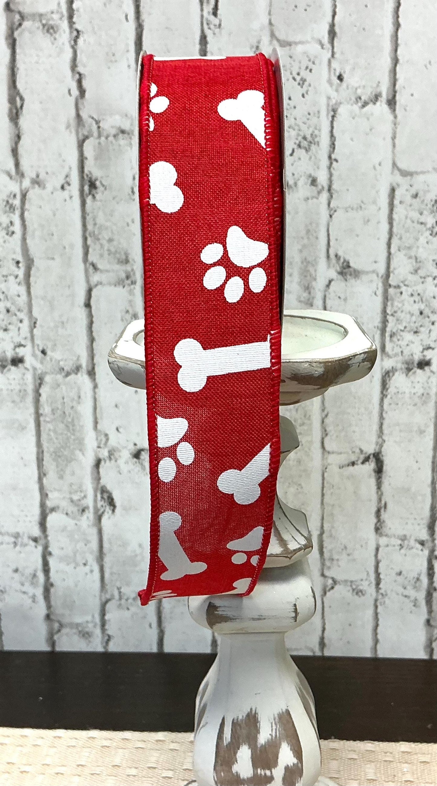 Paw Prints with bones ribbon, Red and White, Wired, 1.5” x 10YD, RGA115324