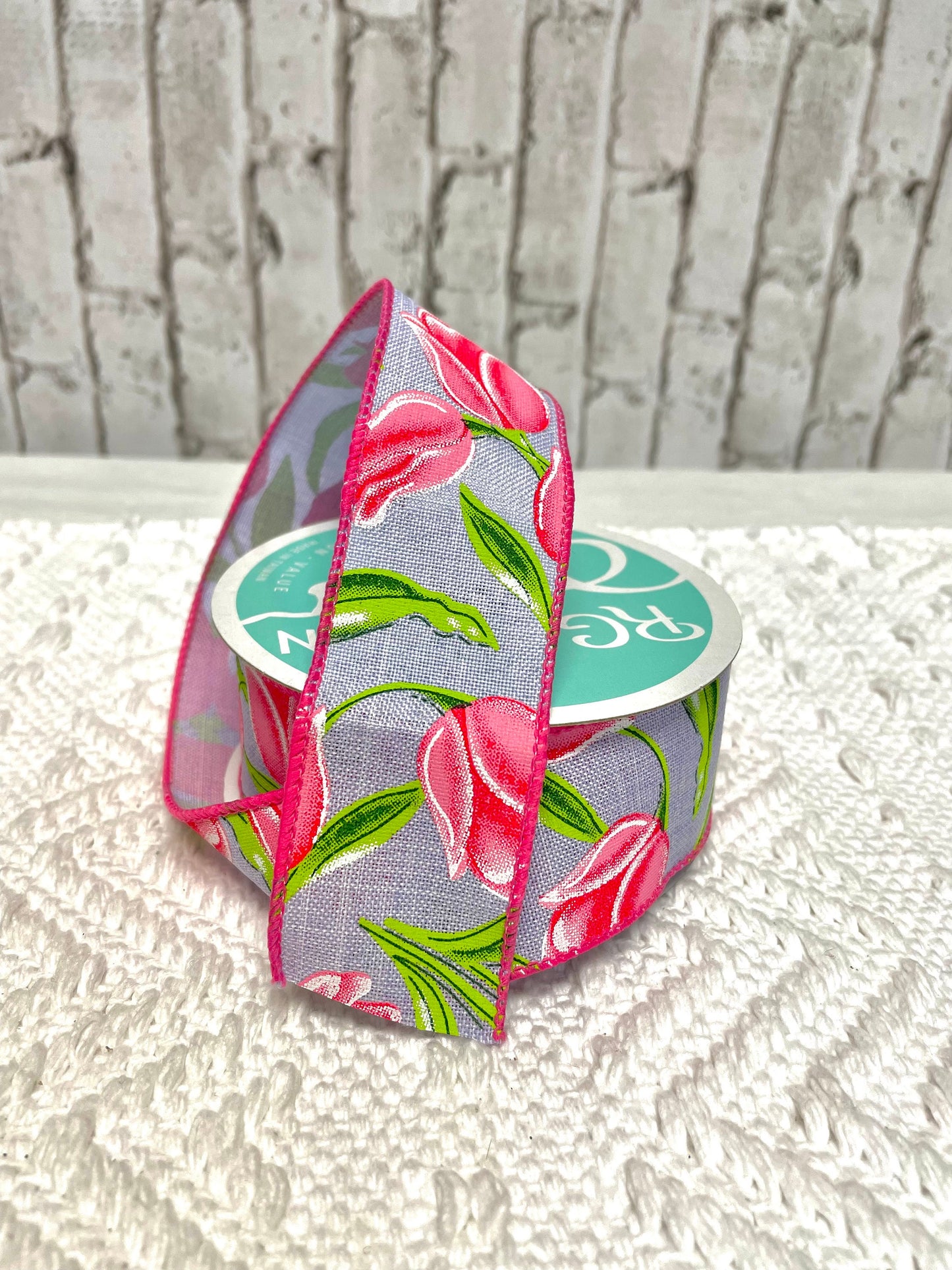 Tulip ribbon, 1.5 lavender ribbon with pink tulips, RGE1146NR