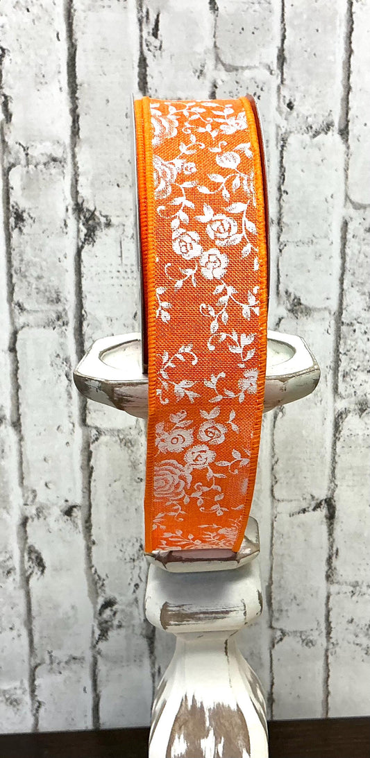 Orange ribbon with white roses, 1.5” x 10YD, Wired, RGC186020