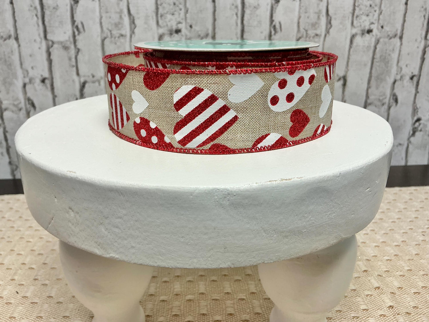Burlap with red and white hearts ribbon, RGC183818, 1.5”X10YDS, Wired Valentine’s Day ribbon.