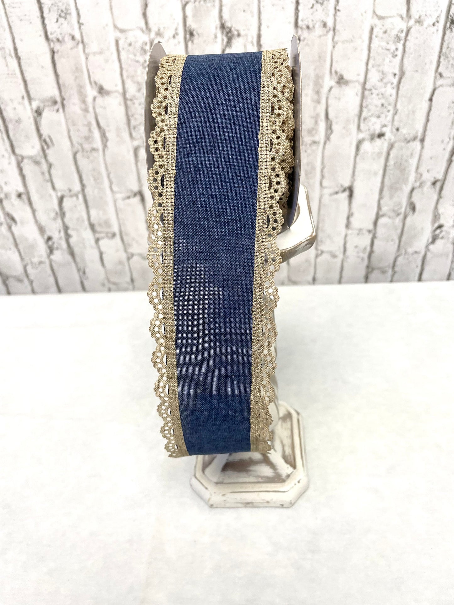 Everyday ribbon, RGA1542K6, denim burlap with beige trim, spring ribbon, summer ribbon, Father’s Day ribbon, country ribbon