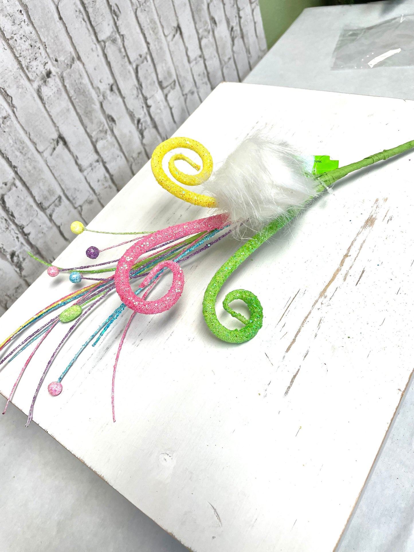 Furry ball curly spray, Easter spray, 62030SP16, spring spray, glittery curly spray, curly spray, fuzzy bunny tail curly spray