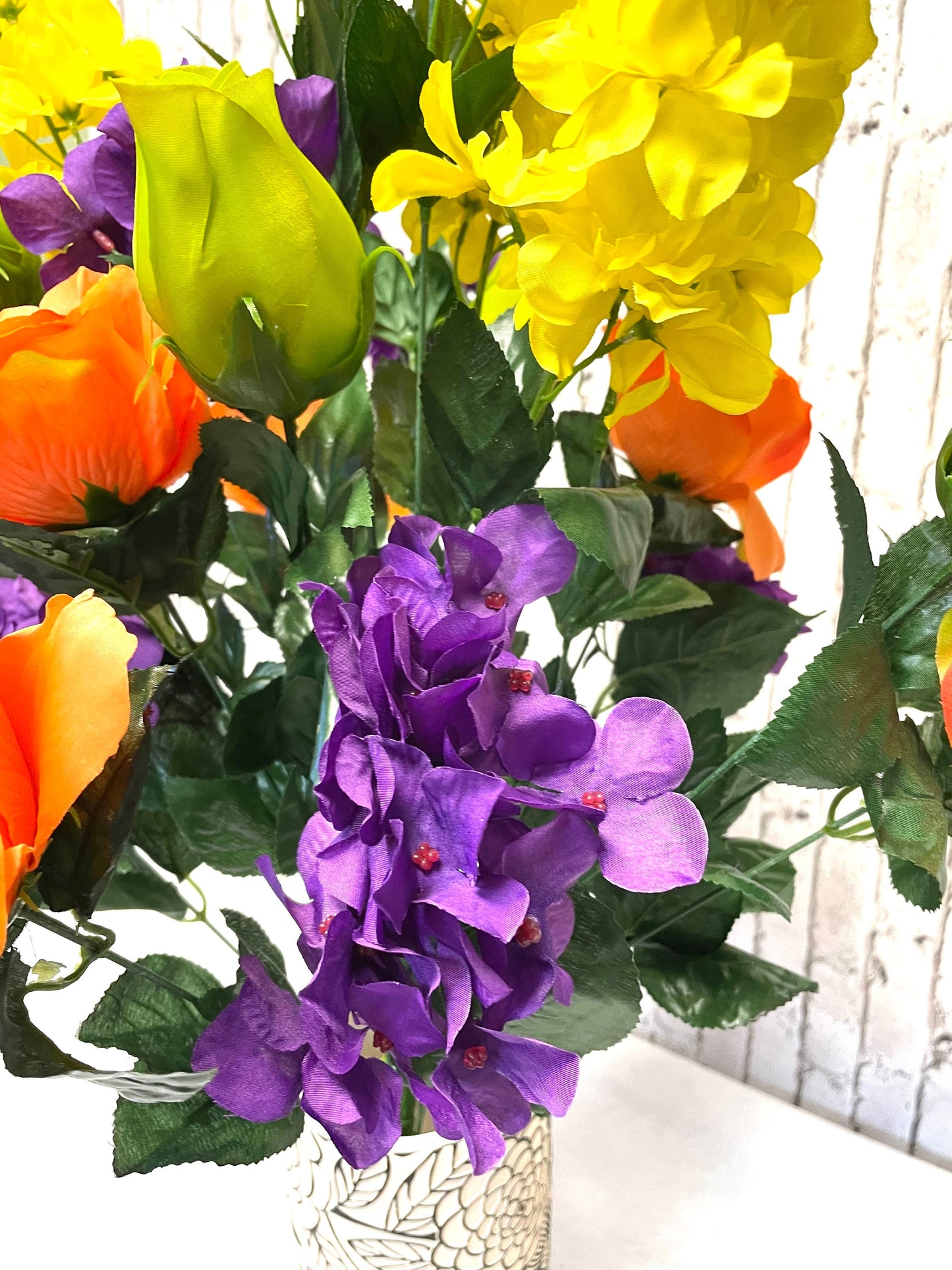 Spring bush, orange, purple, yellow