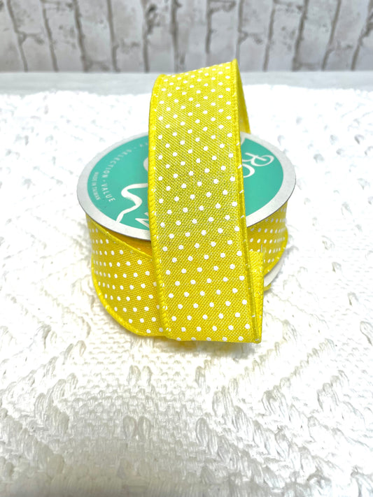 1.5 yellow ribbon with white dots, RGO165129, yellow Swiss dot ribbon, yellow ribbon with whit dots, spring ribbon, summer ribbon