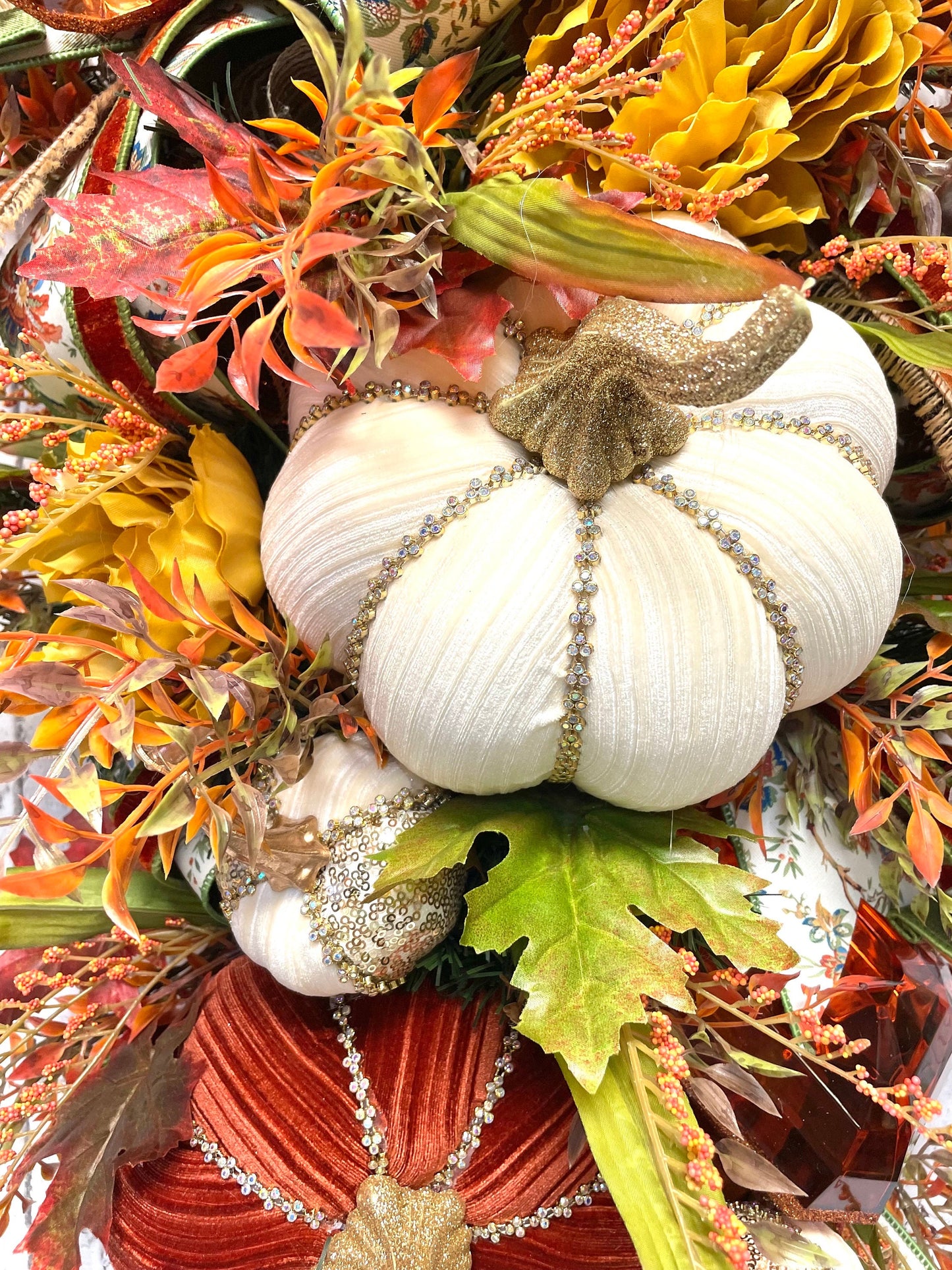 glam fall swag, designer pumpkin and jewels fall swag, glam fall wall decor, mark Robert’s  glam pumpkin, shipping included