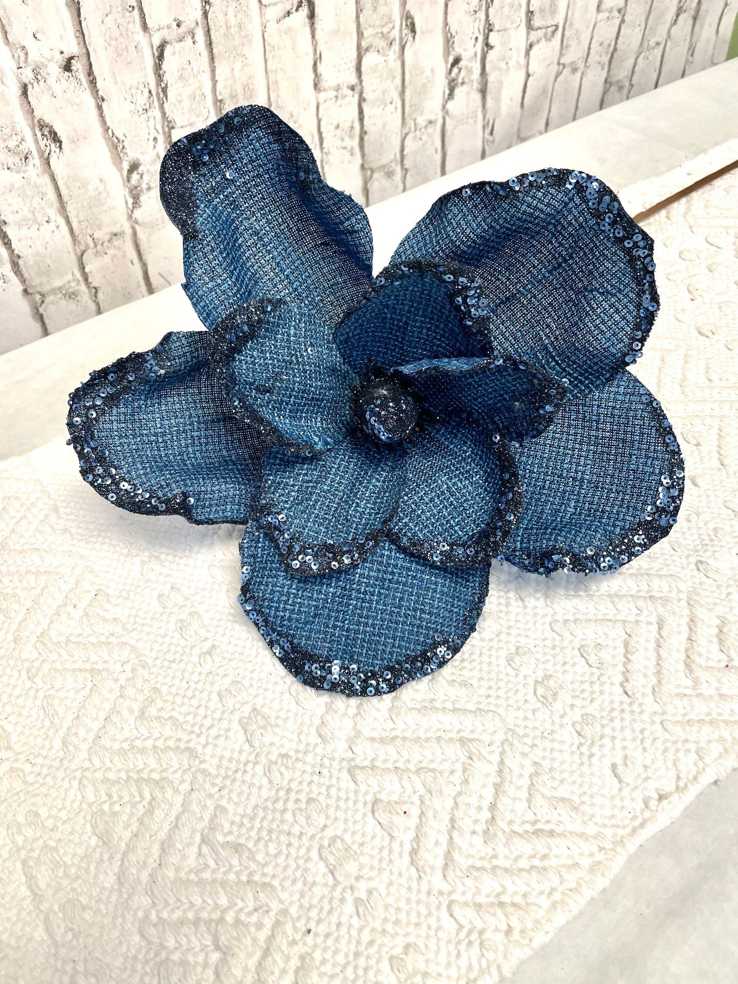 Navy burlap magnolia, navy magnolia with glitter edges, 101279