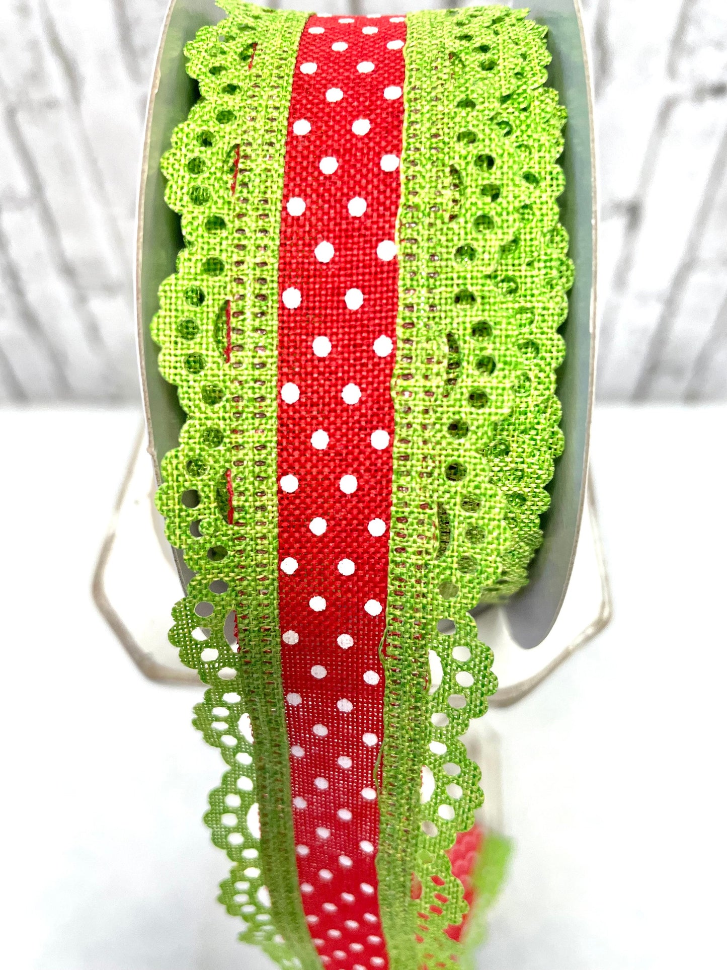 Christmas ribbon, RGO8869T9, red poka dot ribbon with green scalloped edge, spring ribbon, summer ribbon