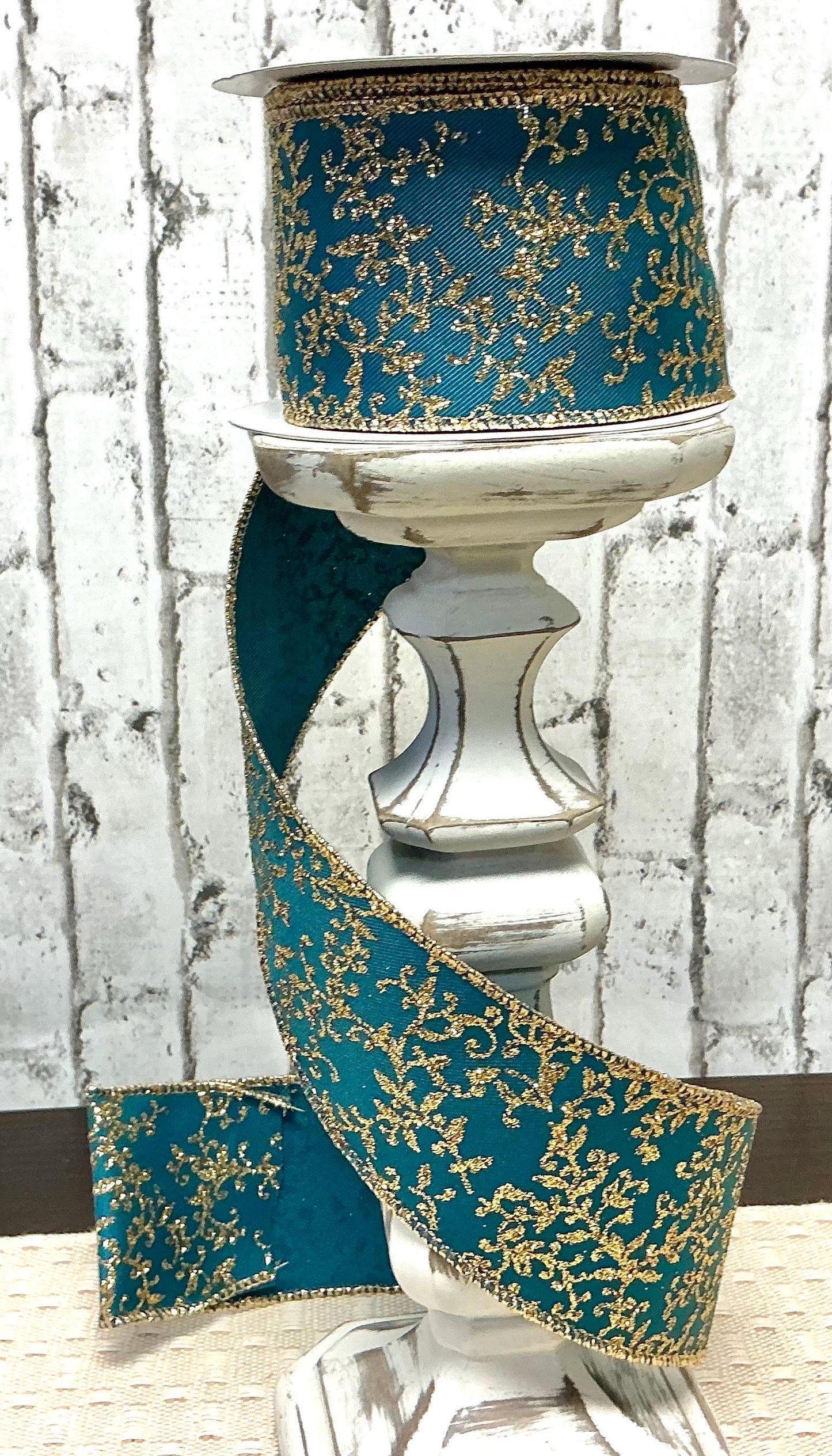 Teal and gold mini leaf vines ribbon, 2.5” x 10YD, Wired, RGF131371