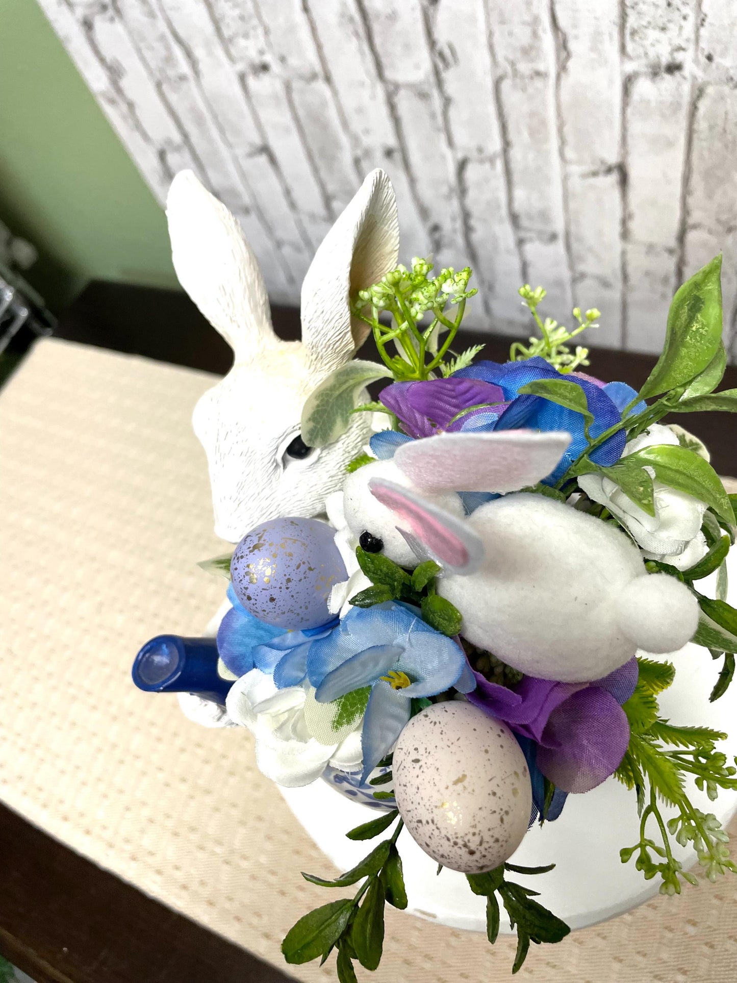 bunny tea cup set, Easter arrangements, resin bunnies, Easter decor, Easter tea cup decor, bunny decor, free shipping