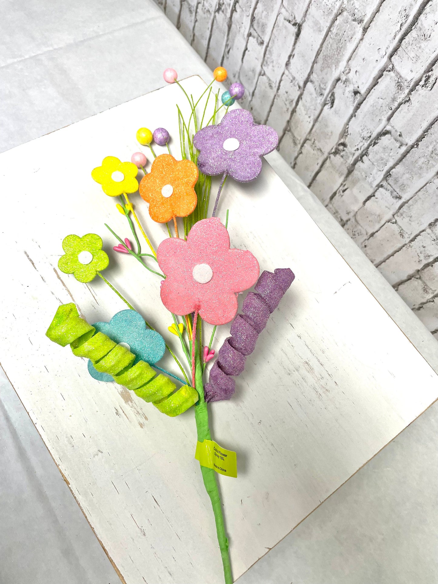 Spring spray, flower spray, 61960EAS, spring glitter flower spray, spring flower pick, glitter flower pick