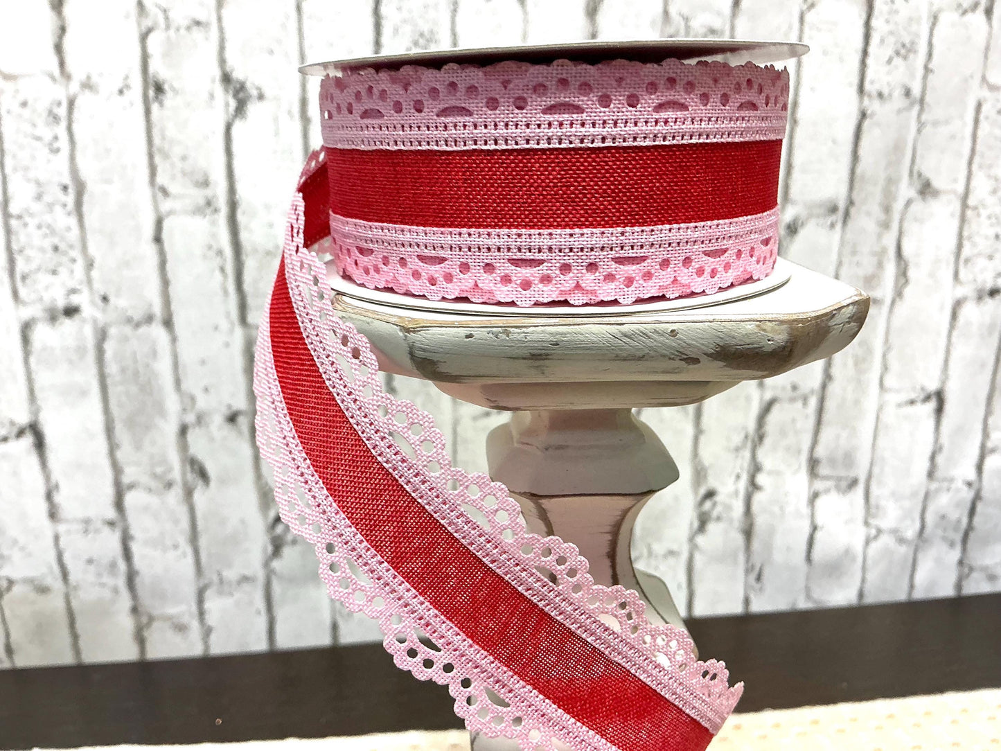 Red with Pink lace ribbon, 1.5” x 10YD, Wired, RGA15418F