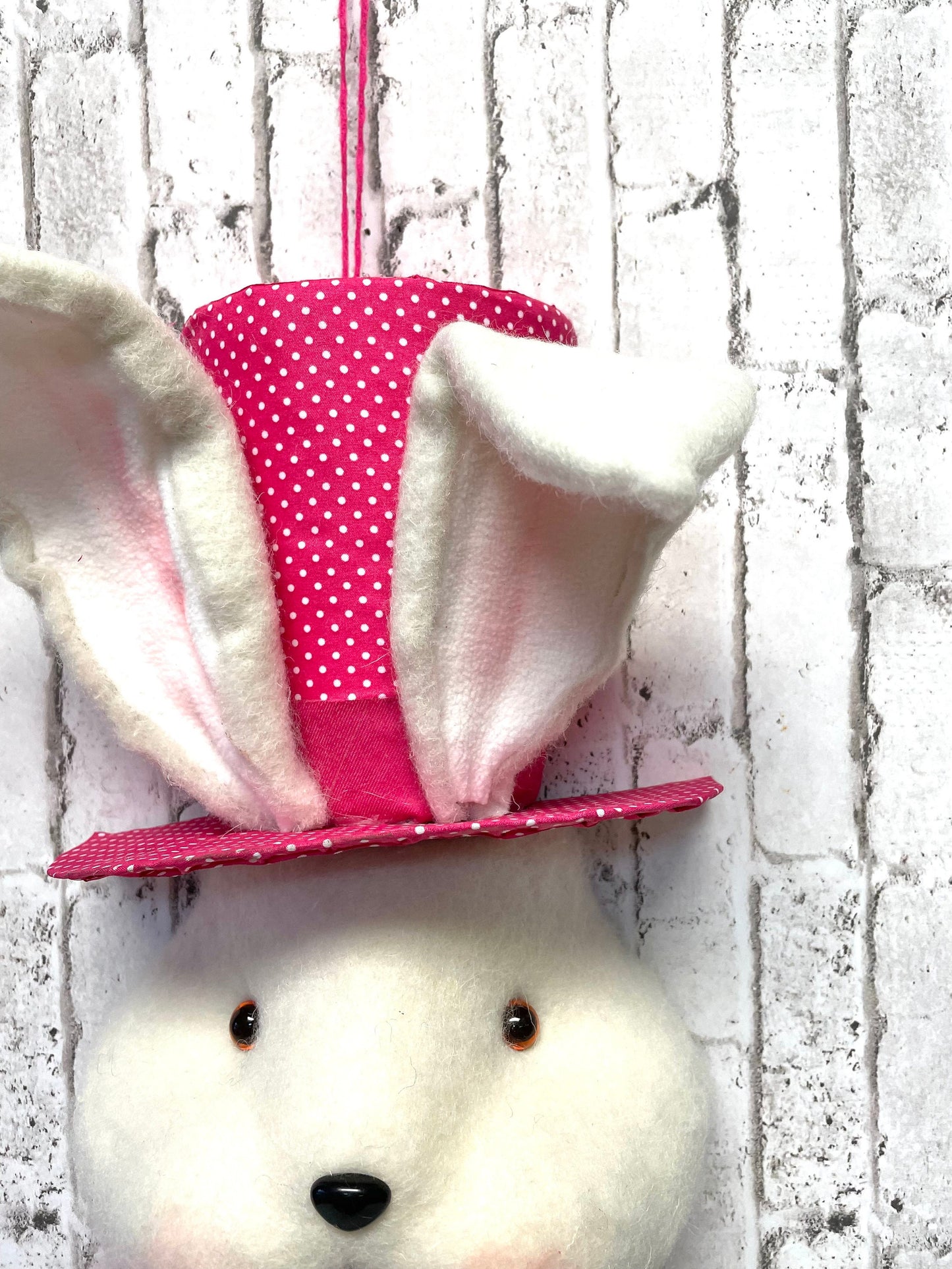 White Bunny With Hot Pink Hat and Bow - Wreath Attachment