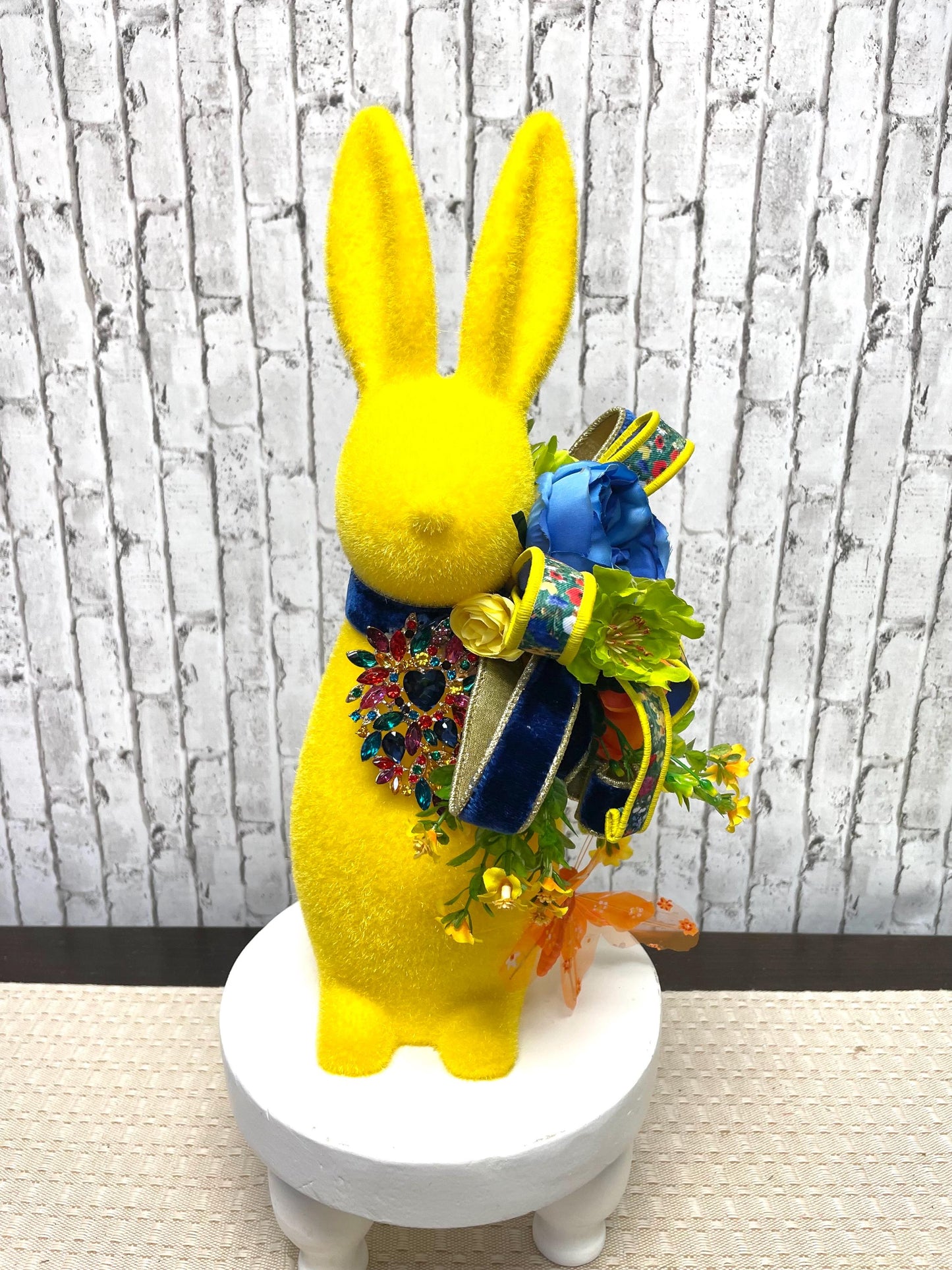 flocked bunny with flowers and gems, Easter decor, Easter bunny decor, glam bunny decor, 16 inch bunny decor, yellow bunny decor, gift