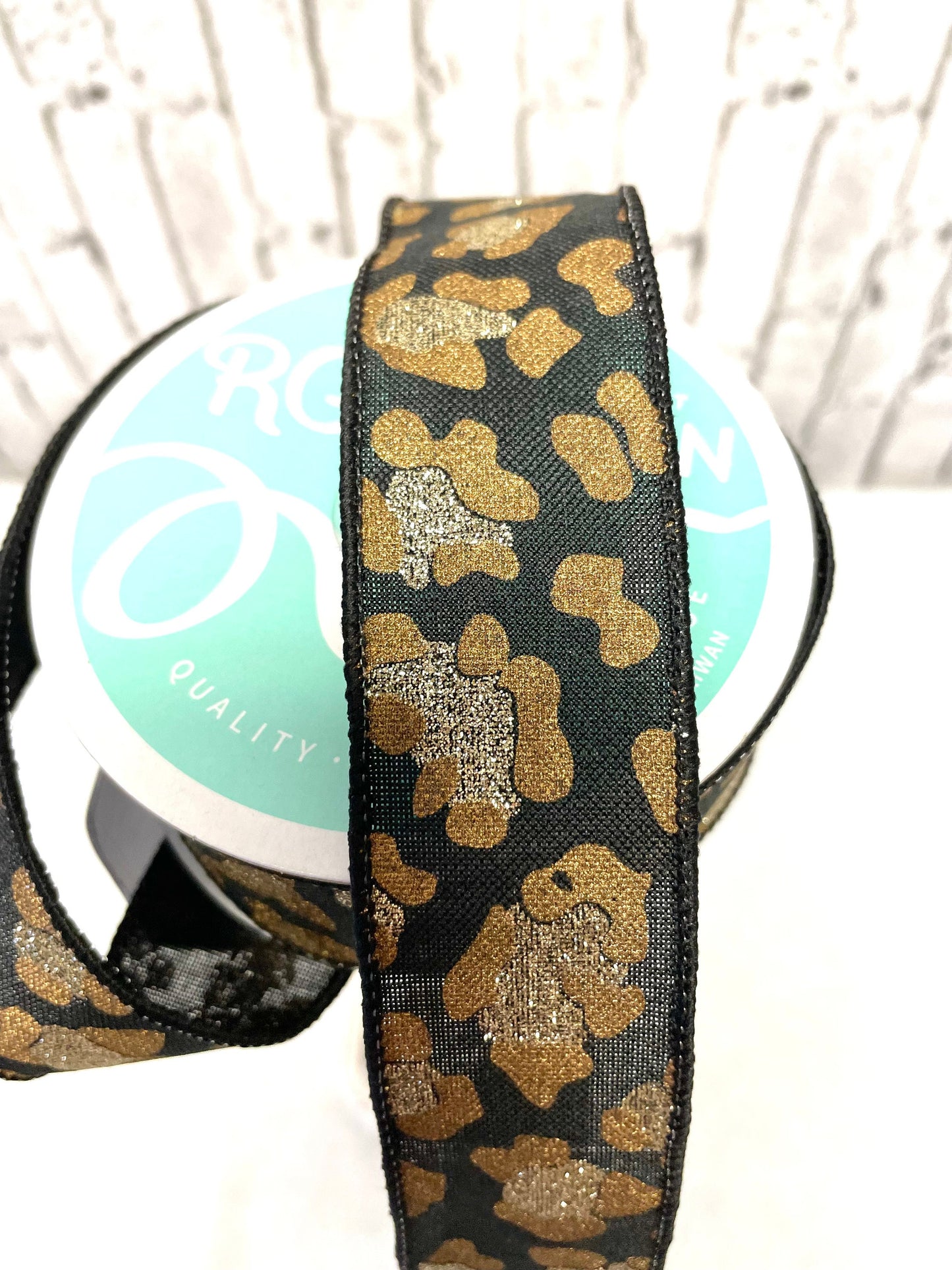 Black leopard print ribbon, black and gold leopard, RGB141202