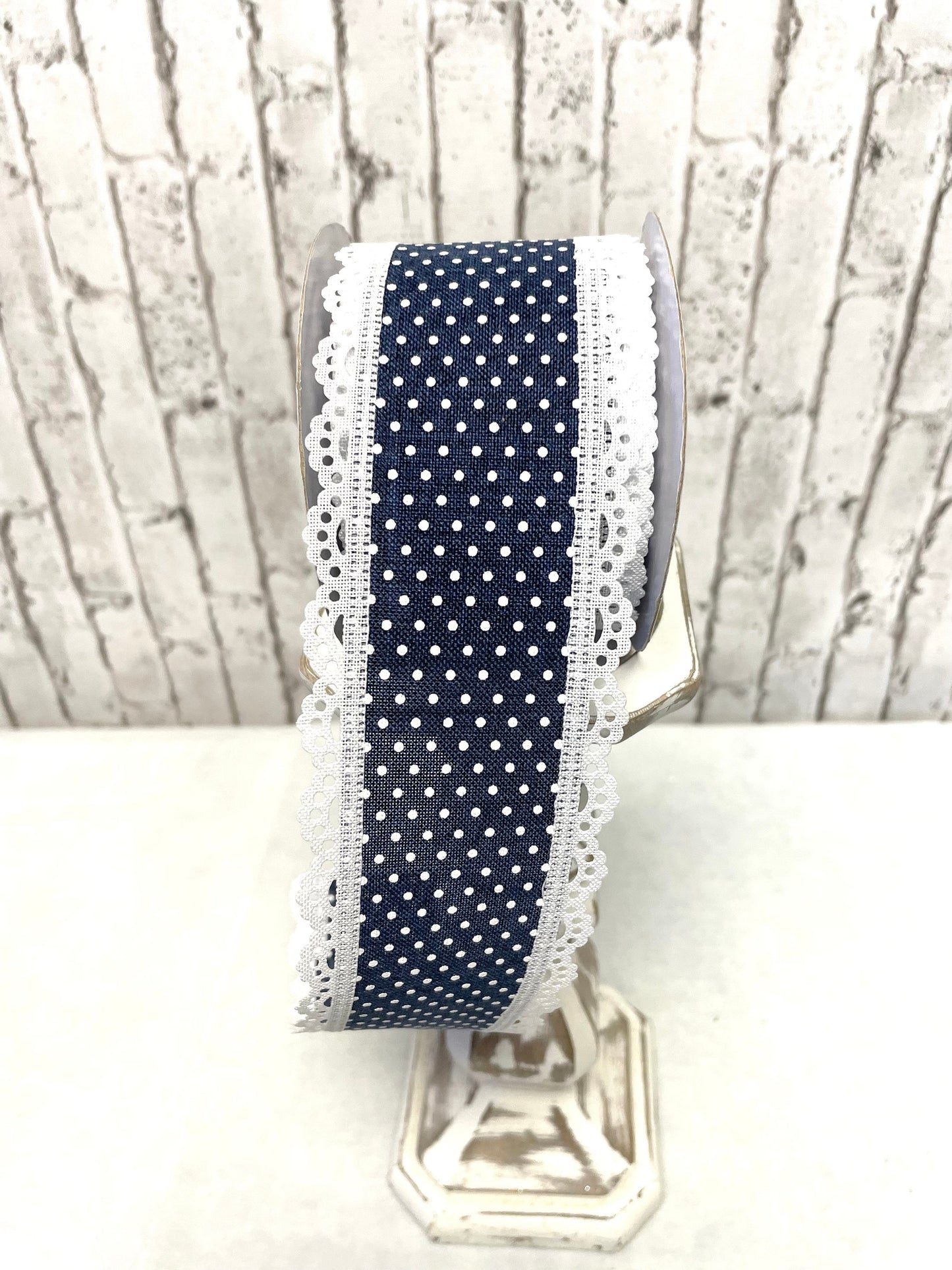 RGO887019, navy Swiss dot with lace trim ribbon