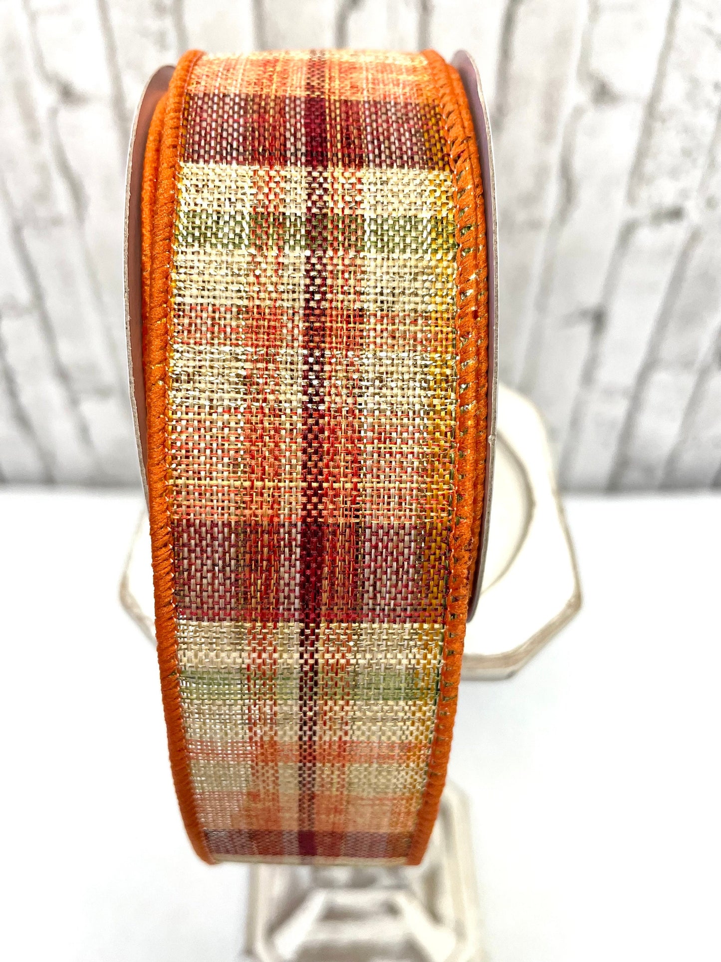 fall plaid woven ribbon, RGC1666, fall ribbon,  fall plaid with gold tensil stripes, thanksgiving ribbon, fall metallic gold thread ribbon