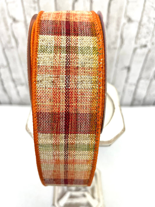 fall plaid woven ribbon, RGC1666, fall ribbon,  fall plaid with gold tensil stripes, thanksgiving ribbon, fall metallic gold thread ribbon