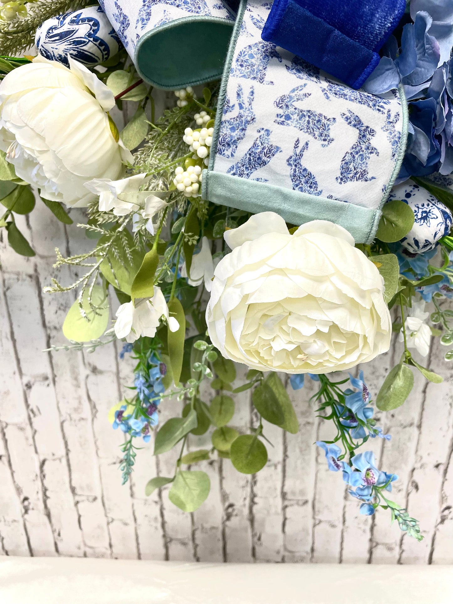 Easter wreath, bunny wreath, Easter decor, bunny decor, blue toile wreath, Easter gift, Easter door hanger, gift, shipping included in price