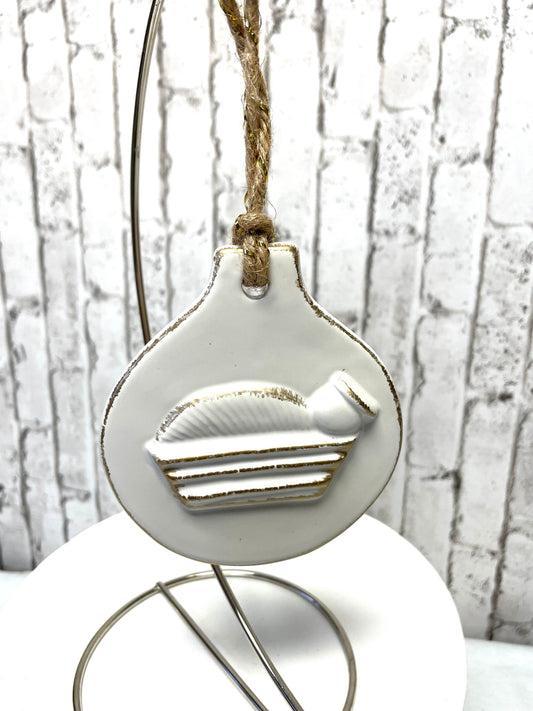 manger Christmas ornament, Away in a Manger, white and gold