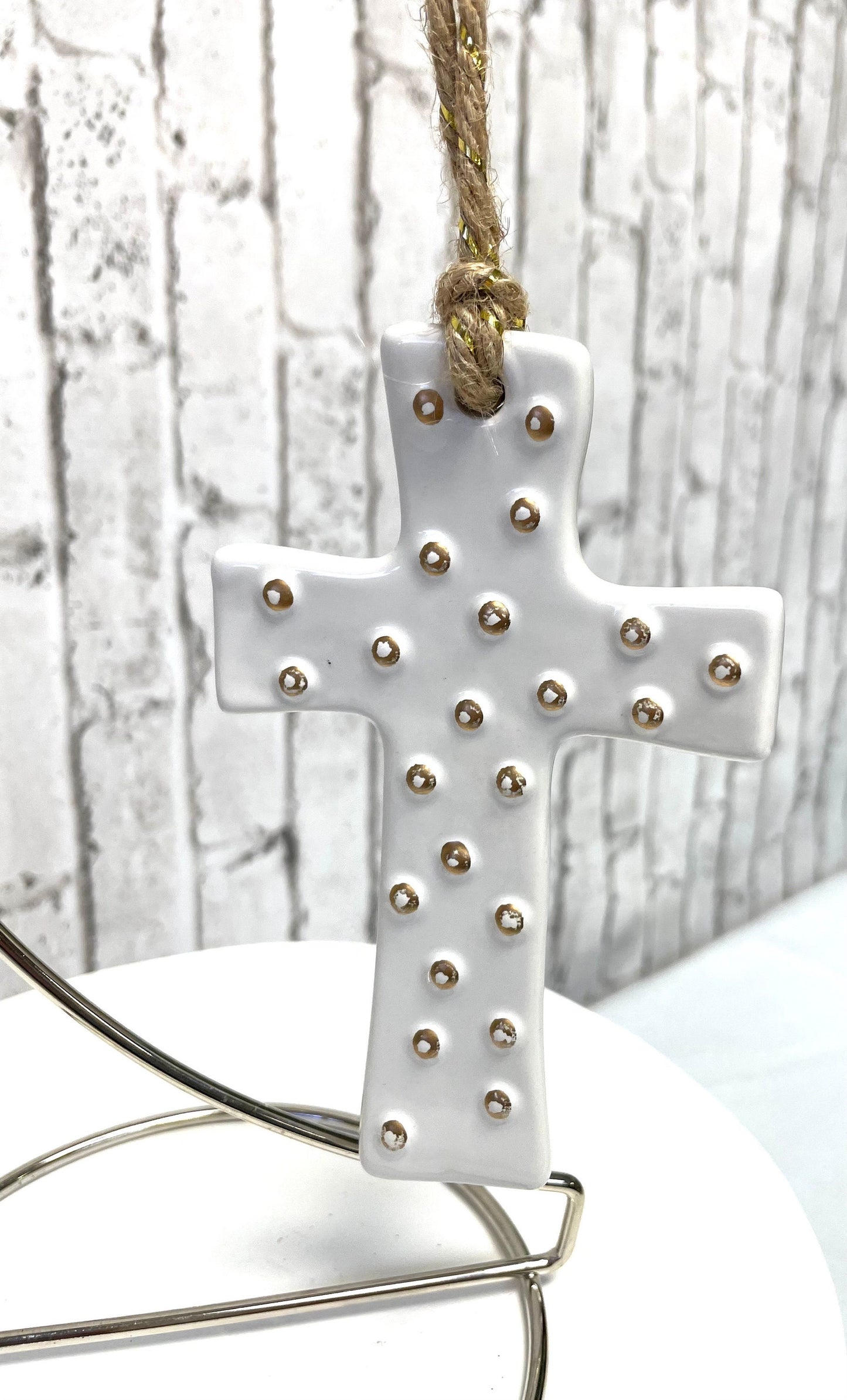 ceramic cross with gold dots Christmas ornament