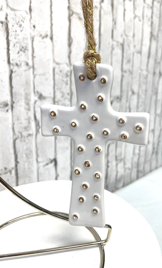 ceramic cross with gold dots Christmas ornament