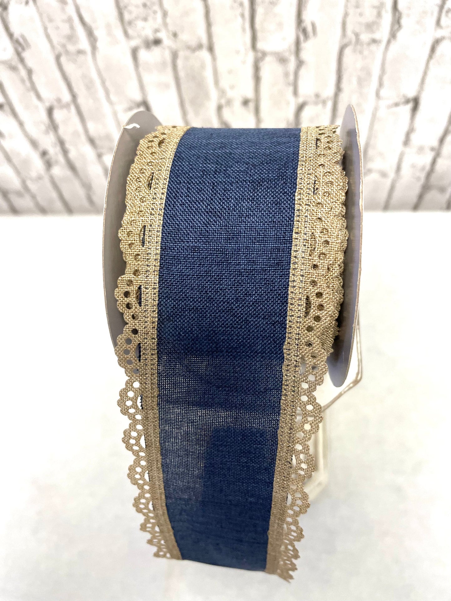 Everyday ribbon, RGA1542K6, denim burlap with beige trim, spring ribbon, summer ribbon, Father’s Day ribbon, country ribbon