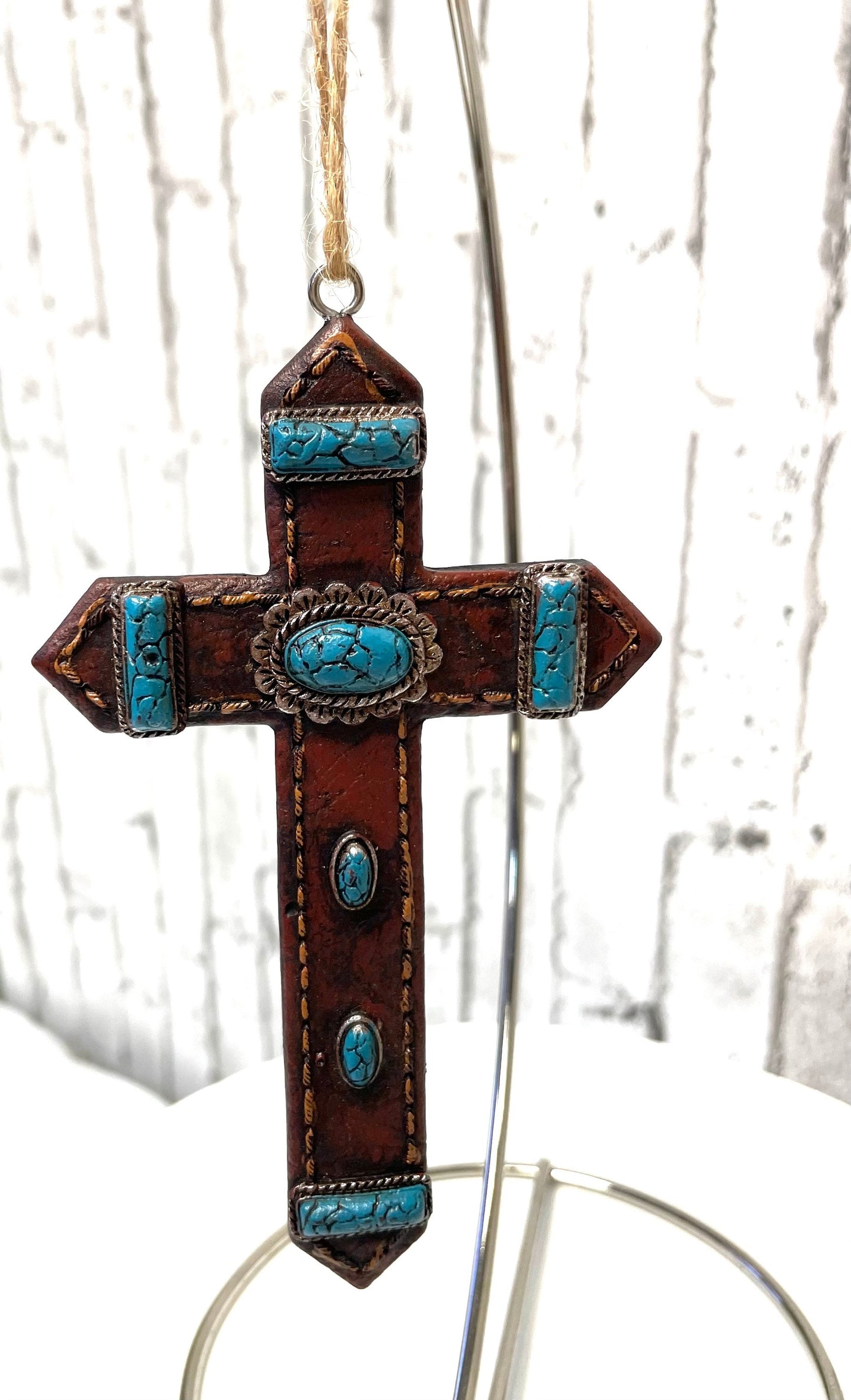 turquoise and leather cross Christmas ornament