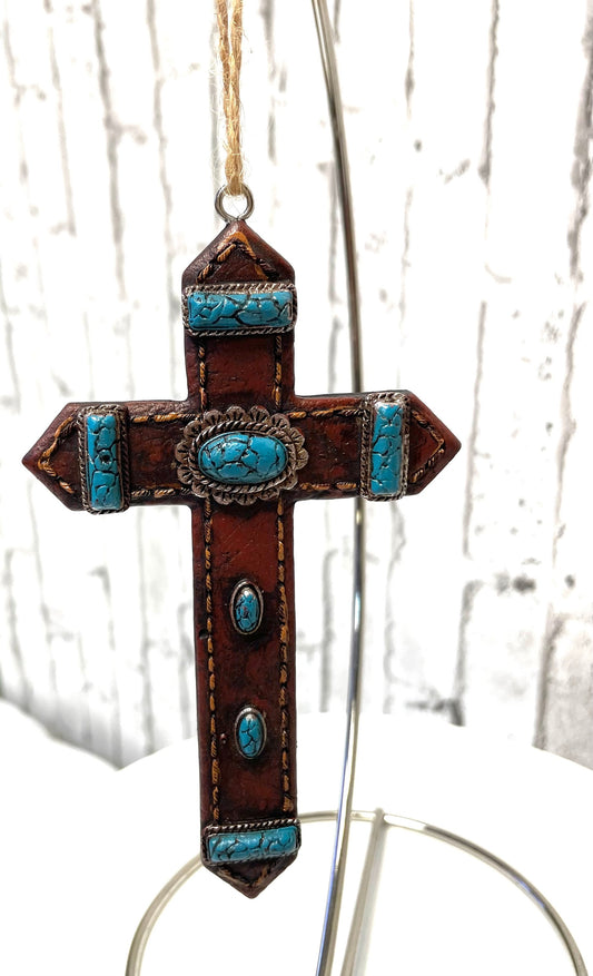turquoise and leather cross Christmas ornament