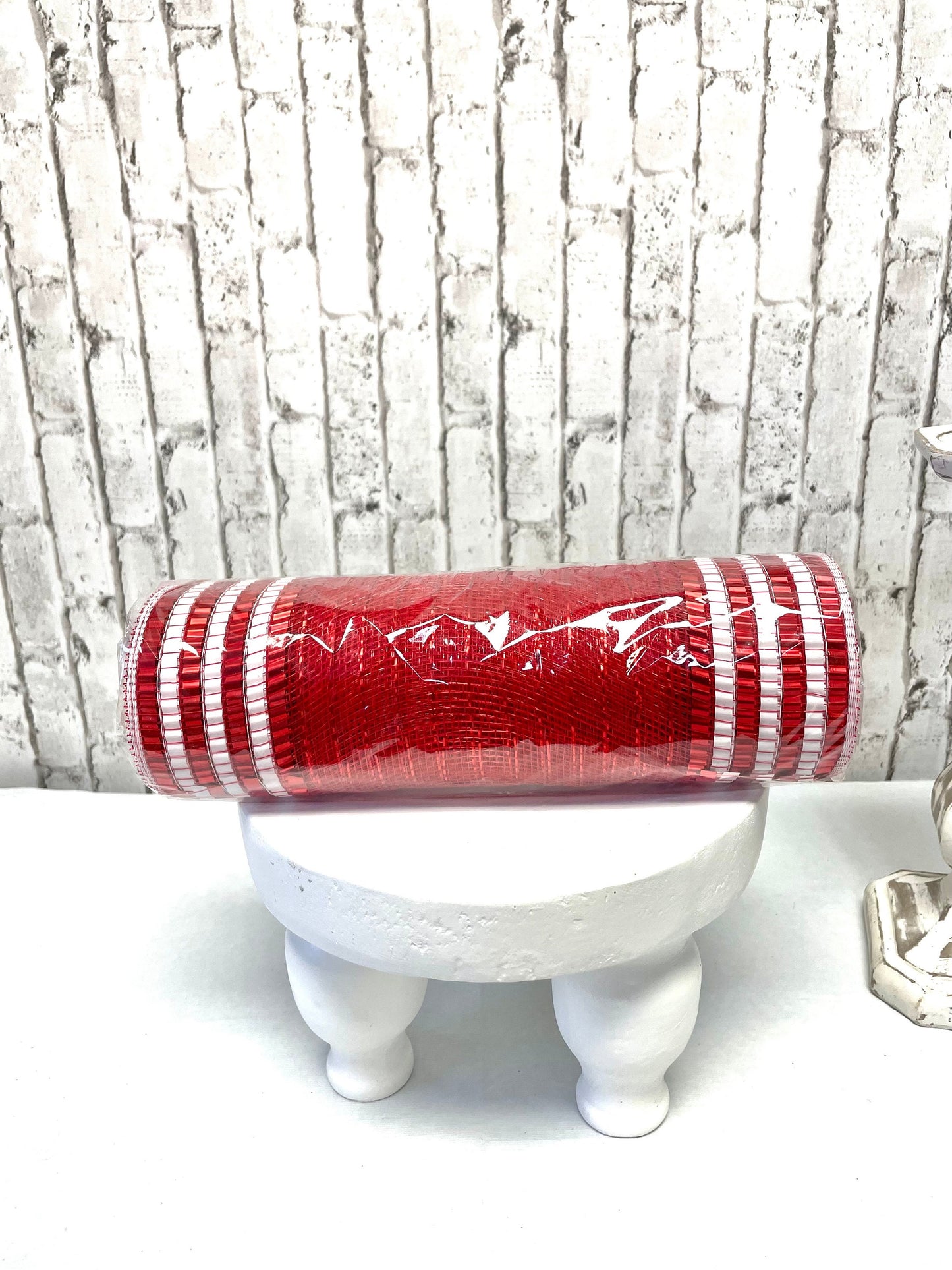 red mesh with metallic white border stripes, red mesh Christmas mesh RY851549, peppermint mesh, valentines mesh