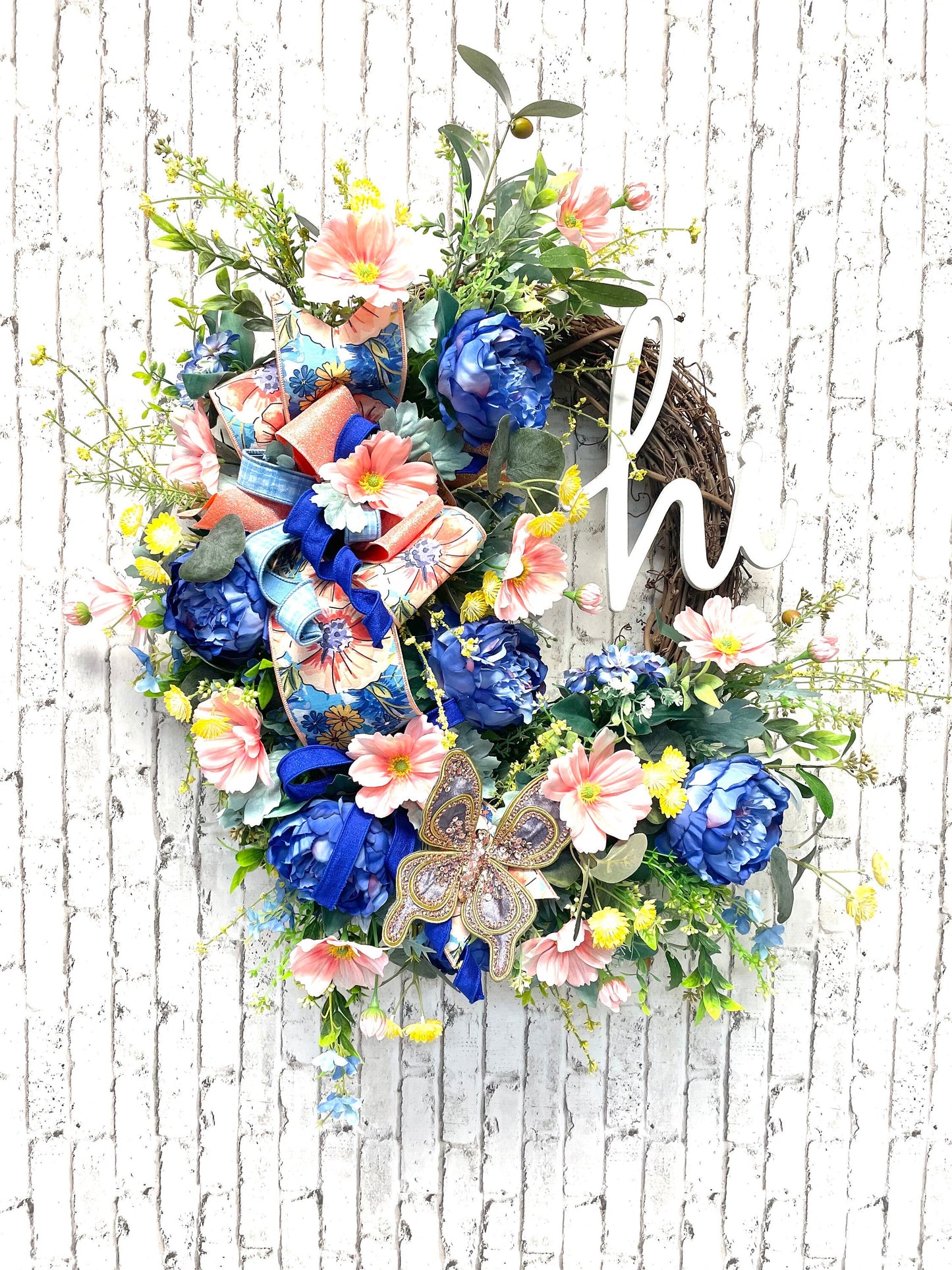 spring wreath, summer wreath, grapevine wreath, peach wreath, blue wreath, housewarming gift, butterfly wreath, shipping included
