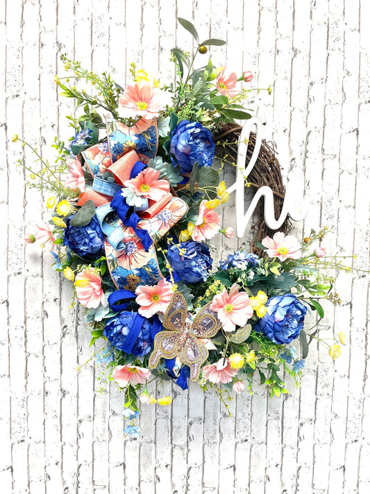 spring wreath, summer wreath, grapevine wreath, peach wreath, blue wreath, housewarming gift, butterfly wreath, shipping included