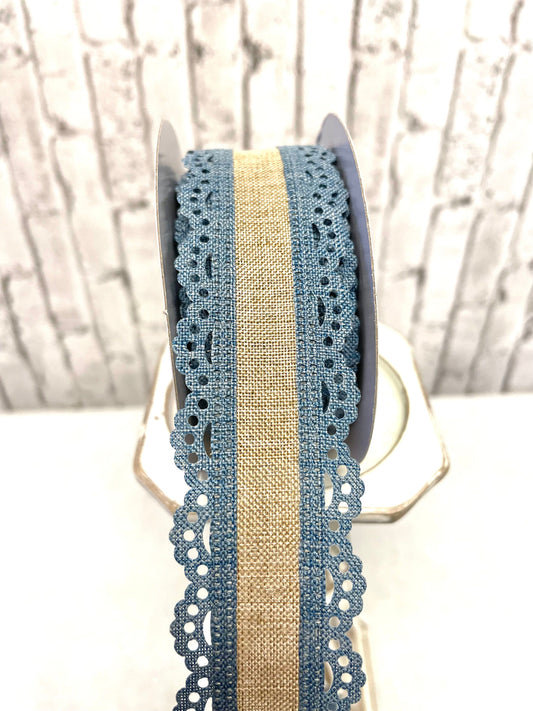 Everyday ribbon, RGA1541NT, beige burlap with blue scalloped edge, spring ribbon, summer ribbon, fall ribbon, burlap ribbon