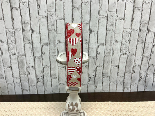 Burlap with red and white hearts ribbon, RGC183818, 1.5”X10YDS, Wired Valentine’s Day ribbon.