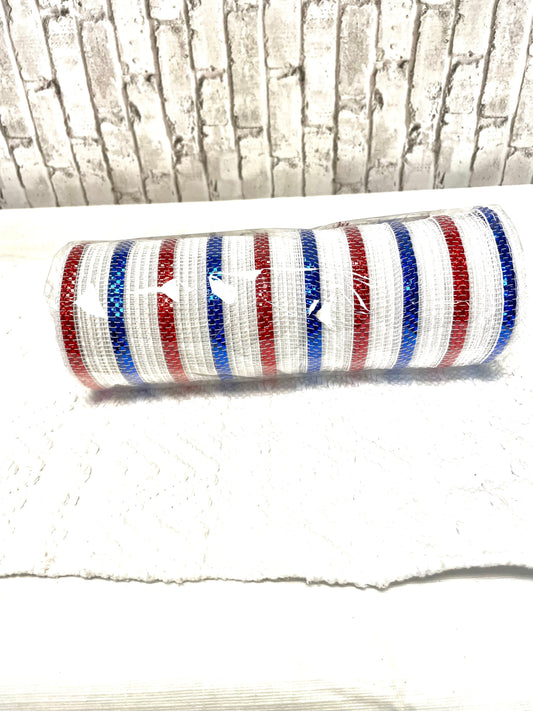 White mesh with red blue stripes, RY801288, white mesh, patriotic mesh, Memorial Day mesh, July 4th mesh, Veterans Day mesh