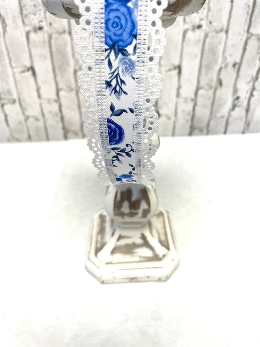 RGA8591RW, Blue and white rose ribbon with lace edge