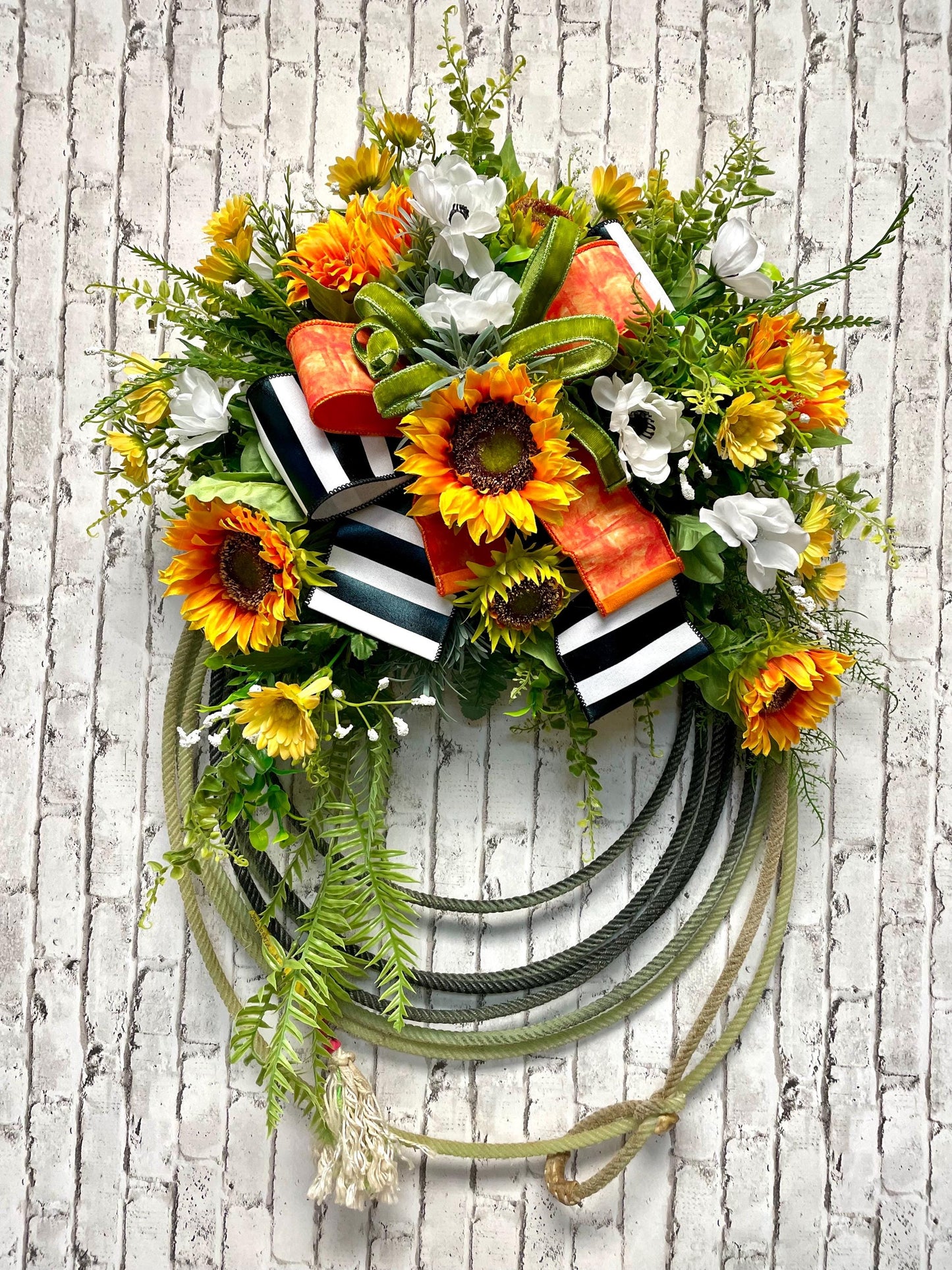 sunflower lariat rope wreath, used rodeo rope wreath, spring wreath, summer wreath, sunflower wreath, free shipping