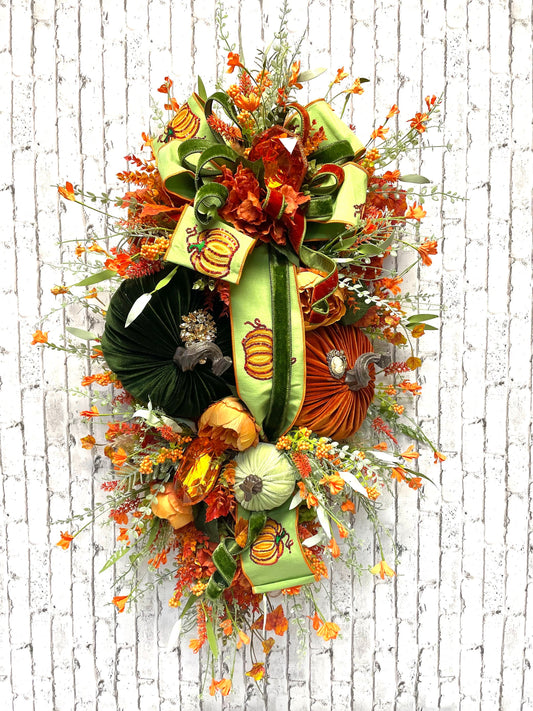 fall swag, fall pumpkin swag, fall decor, fall swag with designer pumpkins, autumn color fall swag, velvet pumpkin swag, shipping included