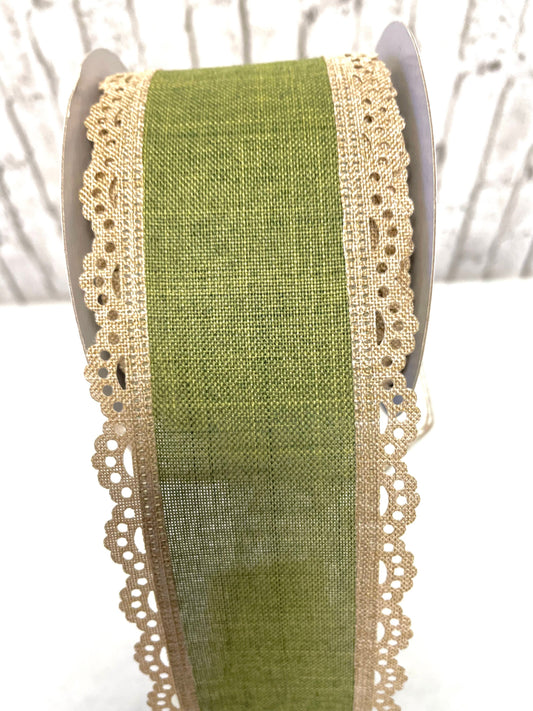 RGA15424M, green burlap ribbon with scalloped edge