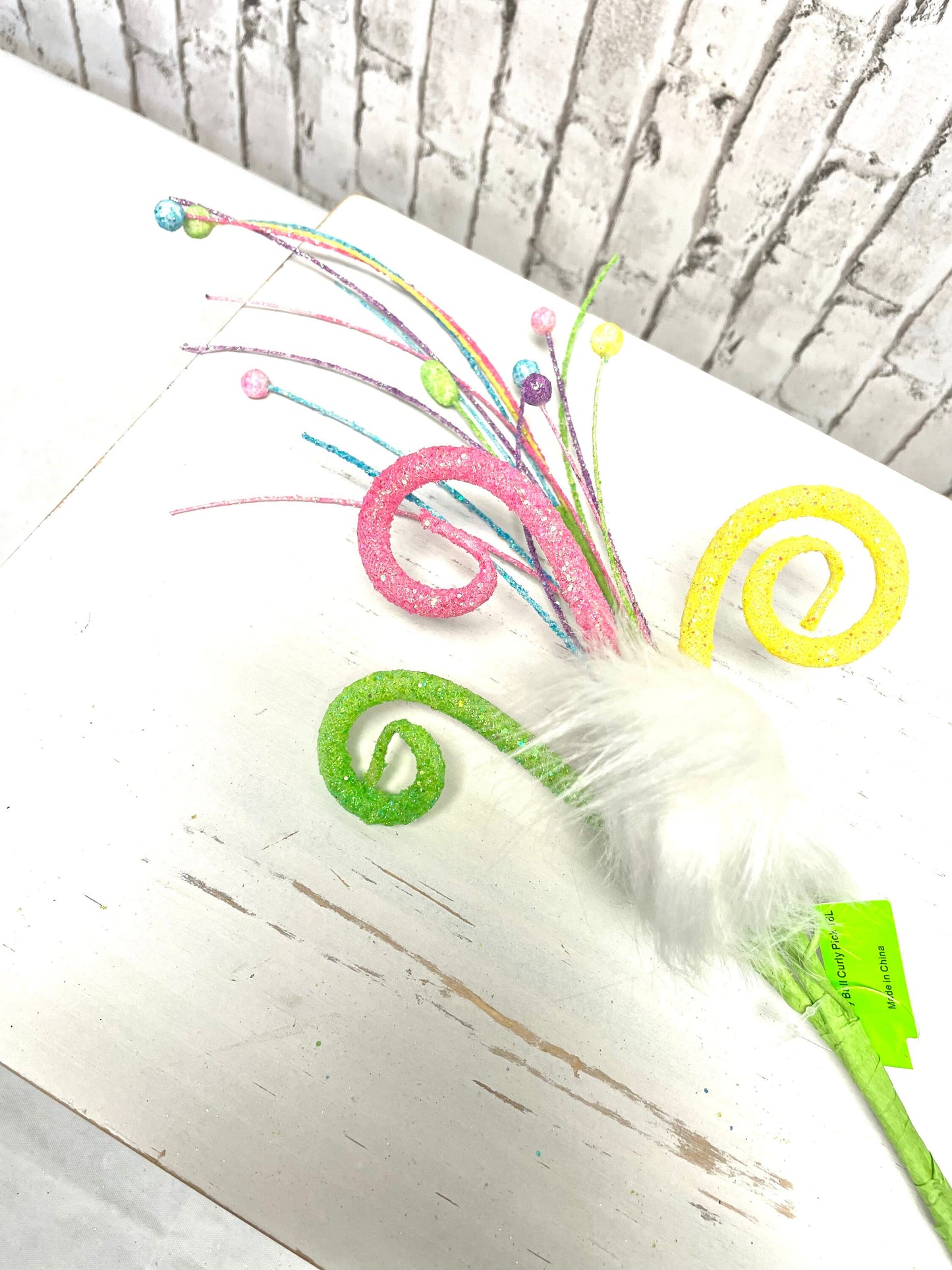 Furry ball curly spray, Easter spray, 62030SP16, spring spray, glittery curly spray, curly spray, fuzzy bunny tail curly spray