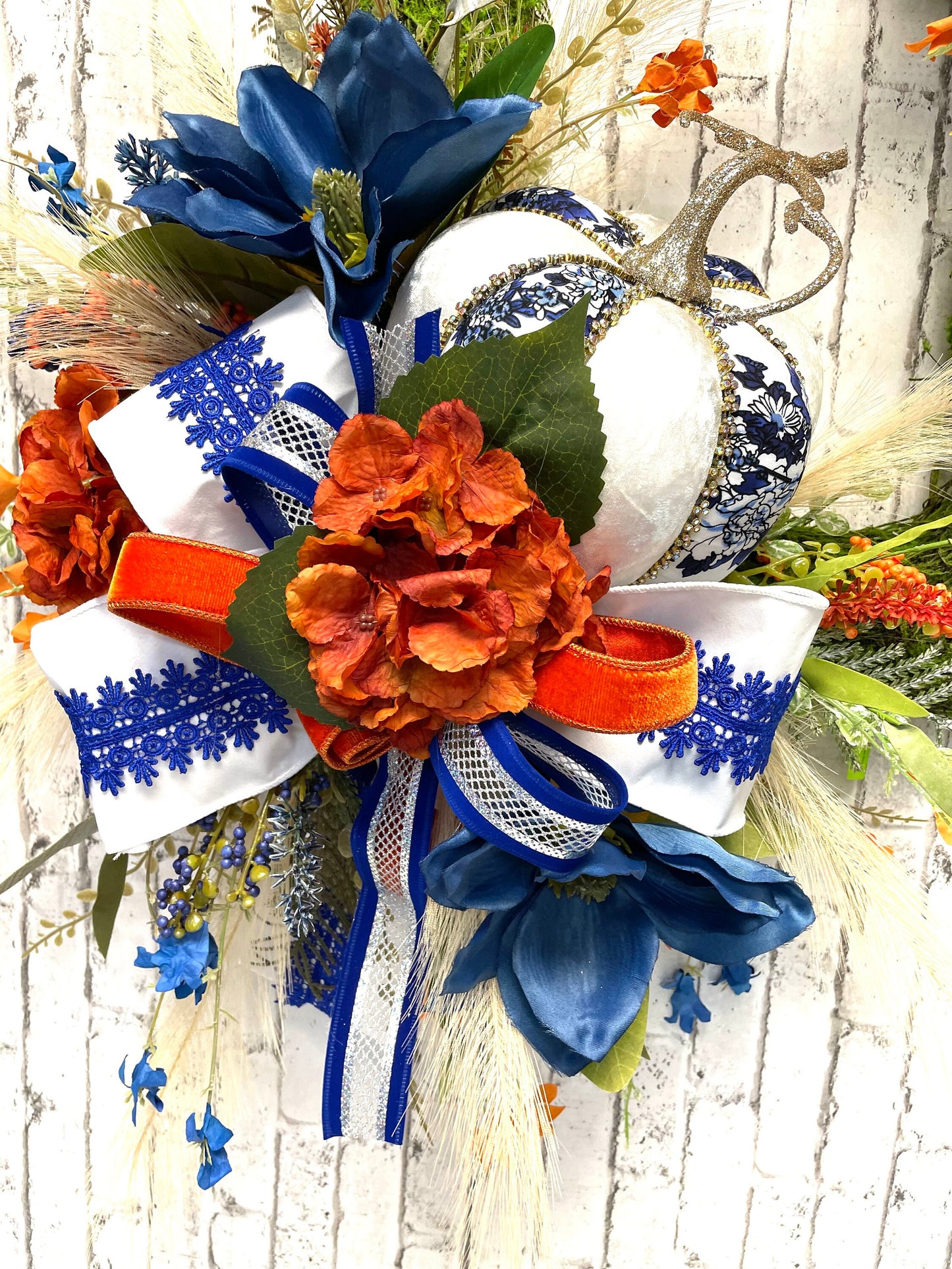 Fall wreath, fall boho wreath, fall decor, blue and orange fall wreath, pumpkin wreath, blue and orange boho decor, shipping included