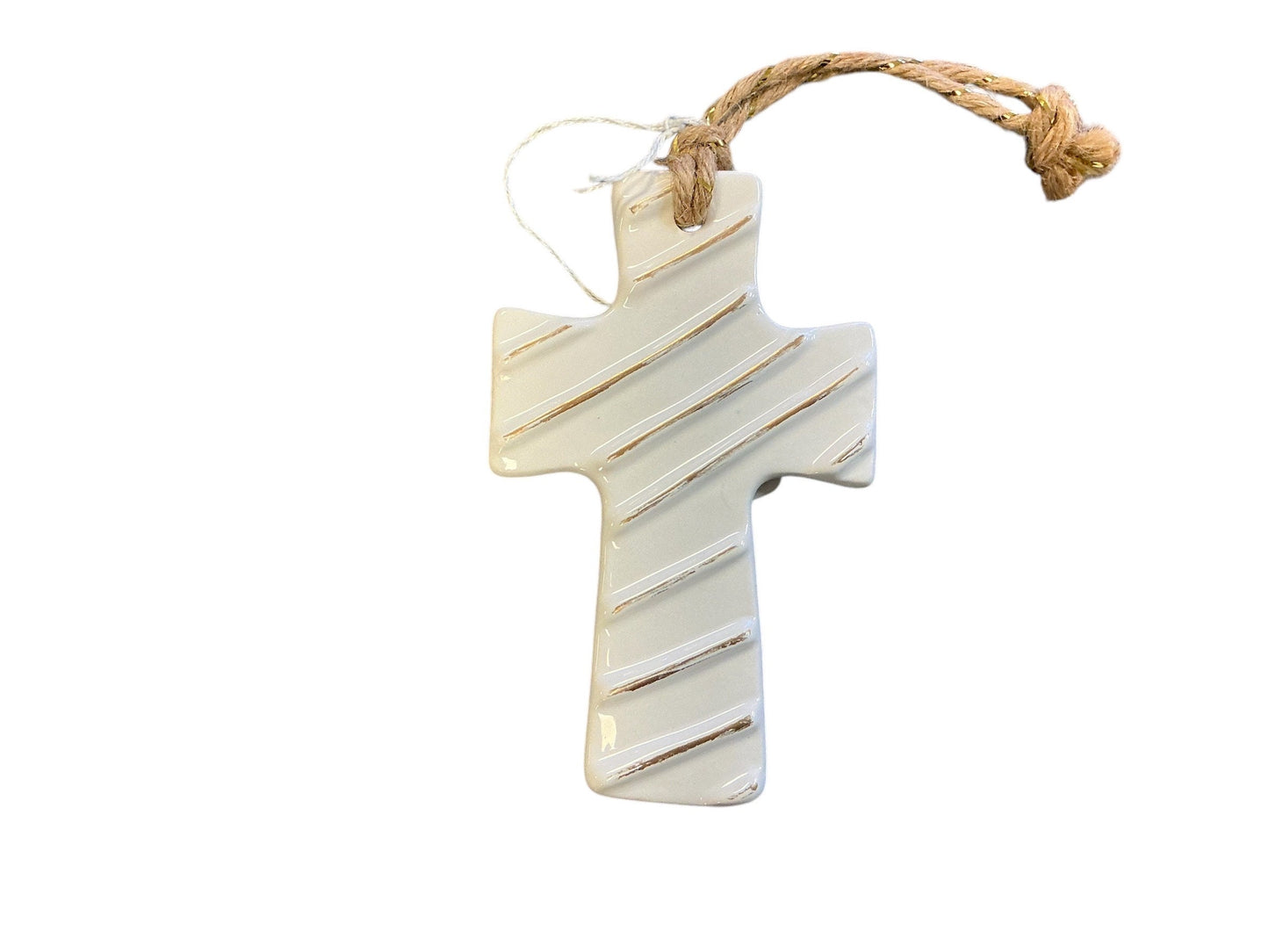 ceramic white cross with gold stripes Christmas ornament