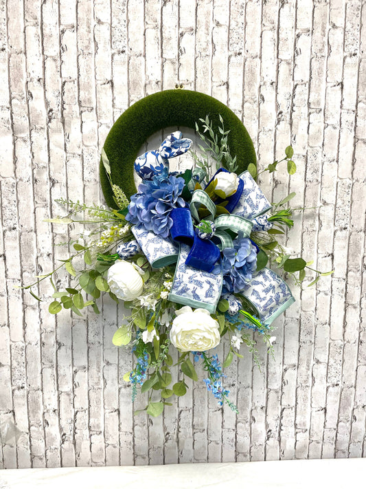 Easter wreath, bunny wreath, Easter decor, bunny decor, blue toile wreath, Easter gift, Easter door hanger, gift, shipping included in price