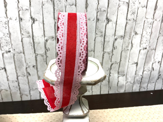 Red with Pink lace ribbon, 1.5” x 10YD, Wired, RGA15418F