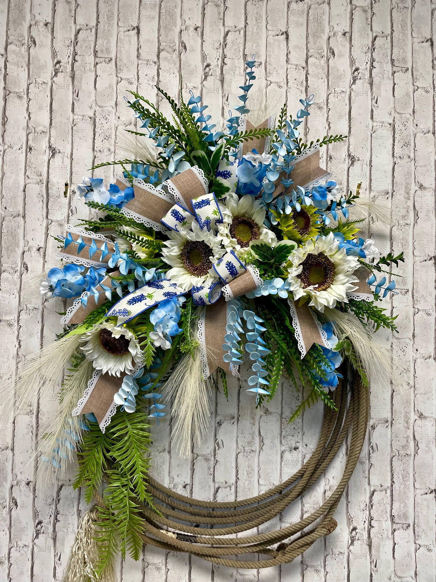 rope wreath, used lariat wreath, authentic lasso wreath, blue bonnet wreath, sunflower wreath, farmhouse wreath, free shipping