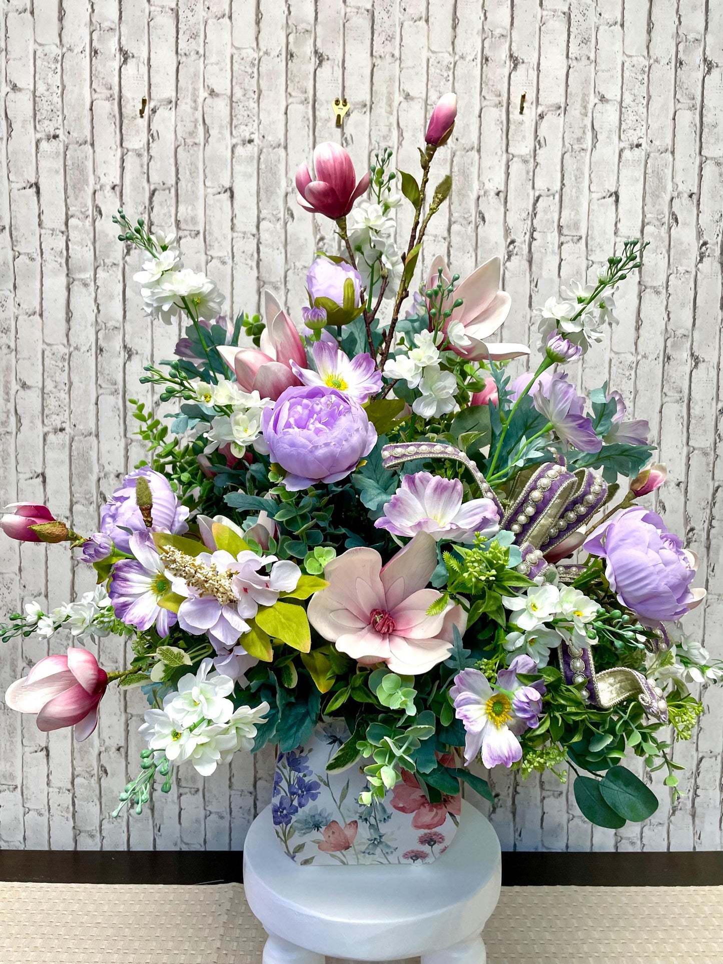 spring arrangement, magnolia centerpiece, spring centerpiece, entryway arrangement, pastel arrangement