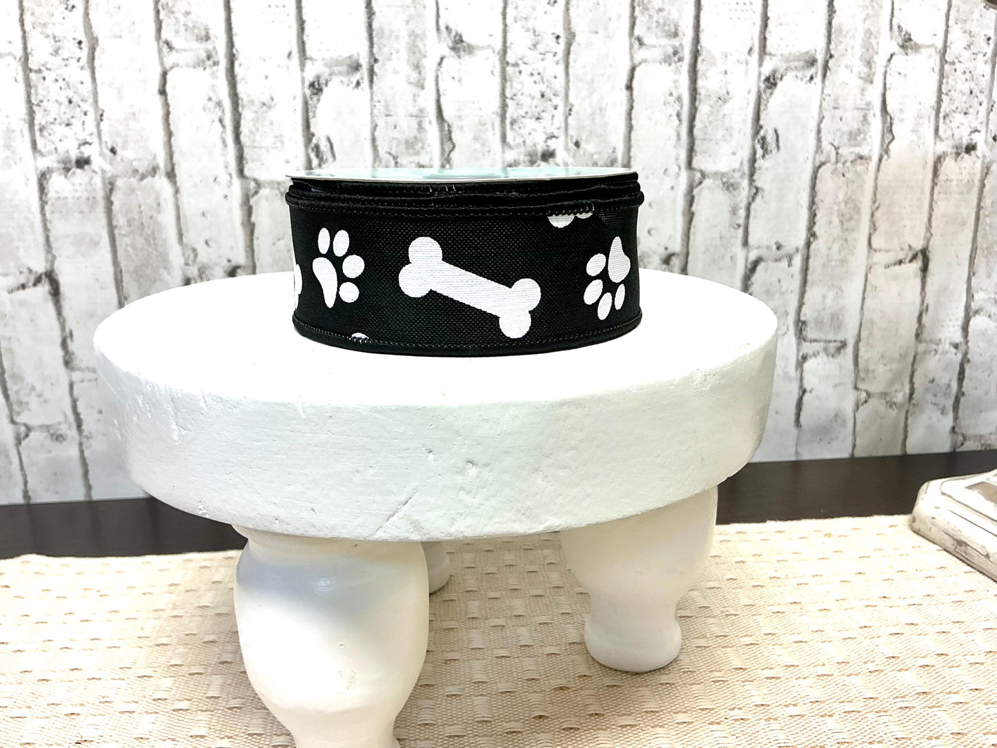 Paw Print and Bones Ribbon, Black and White, Wired, 1.5” x 10YD, RGA115002